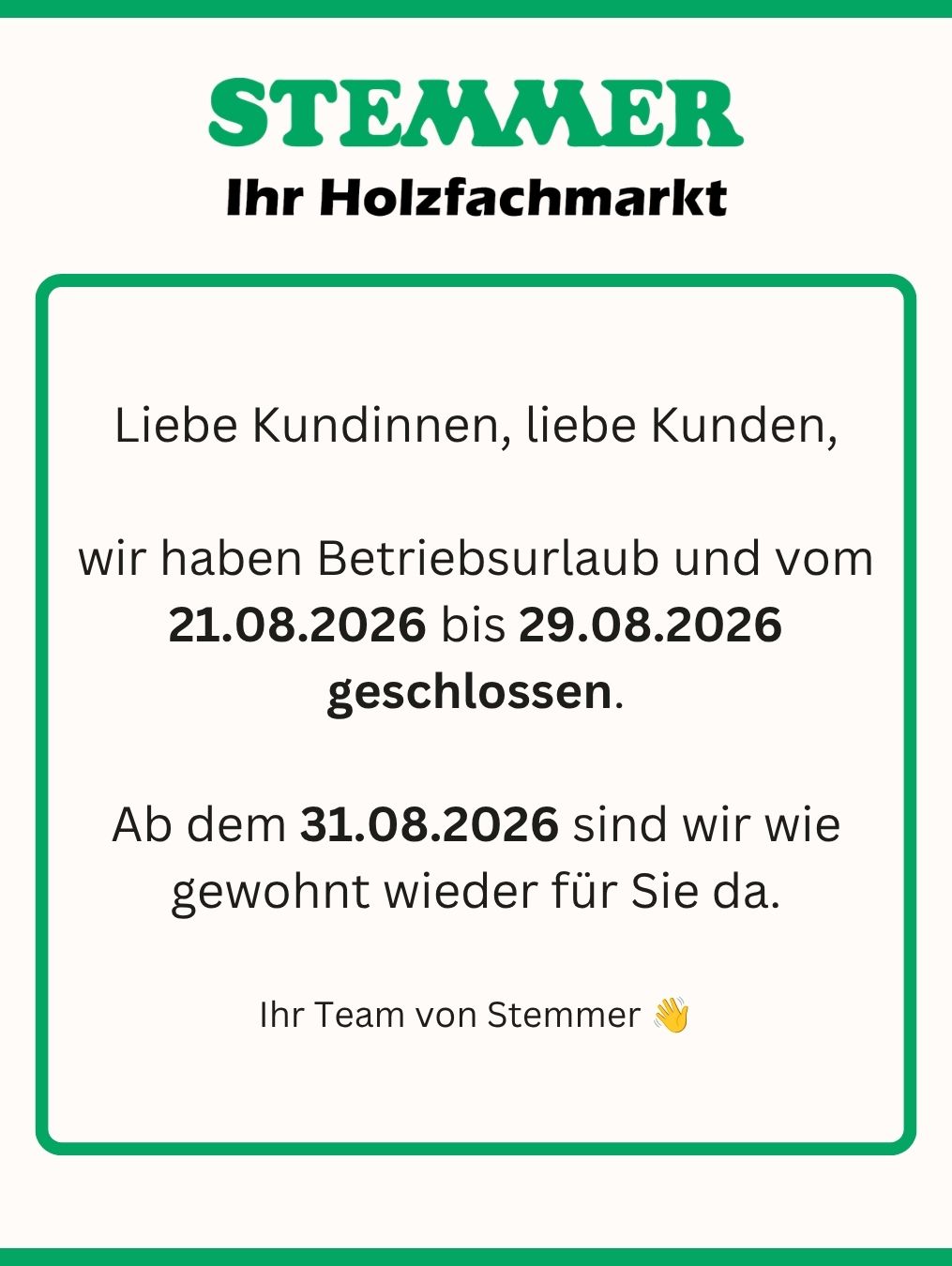 Hinweis Betriebsurlaub
